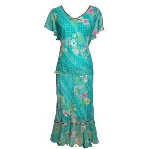 Vintage Fairycore Top Skirt Set 14 Blue Pink Floral Dot Flutter Sleeve K Studio